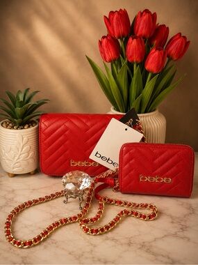 bebe Red Quilted Crossbody and Wallet Set with Gold Accents